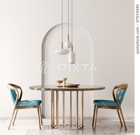 Interior design with marble round table and chairs. Modern dining room with beige wall. Cafe, bar or restaurant interior design. Home interior. 3d rendering Interior design with marble round table and chairs. Modern dining room with beige wall. Cafe, bar or restaurant interior design. Home interior. 3d rendering 97854946