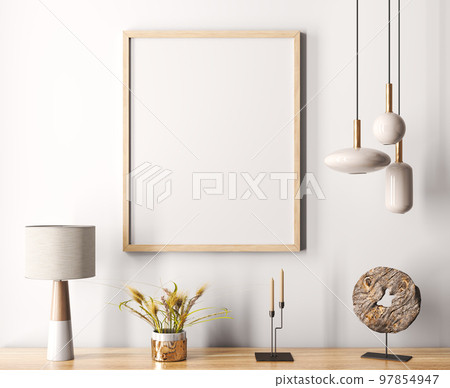 Modern interior with wooden frame, blank poster on the white wall above the wooden shelf with home decor. Home design with pendant lights. 3d rendering 97854947
