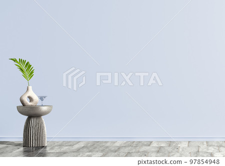Interior background of room with blue wall and vase with palm leaf on decorative accent table. Empty mock up wall and marble tiled flooring. Modern home decor. 3d rendering 97854948