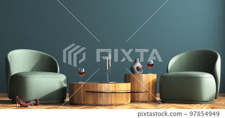 Interior of living room with green leather armchairs and wooden coffee tables over dark blue wall. Wine glass on the table and heels on the floor. 3d rendering 97854949