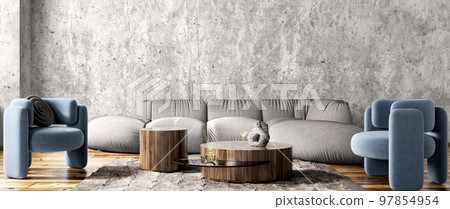 Interior design of modern apartment, gray sofa in living room, blue armchairs, concrete wall, loft stylish home design 3d rendering 97854954