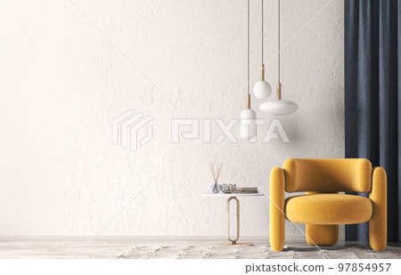 Interior of modern living room with wooden coffee table and orange armchair, empty wall. Home design. 3d rendering 97854957