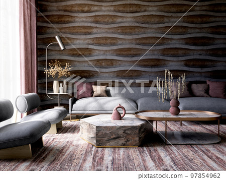 Modern interior design of cozy apartment, living room with gray sofa, armchairs. 3d rendering Modern interior design of cozy apartment, living room with gray sofa, armchairs. 3d rendering 97854962