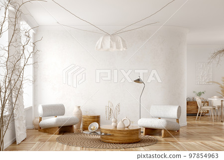 Modern interior design of cozy apartment, living room with white armchairs, dining room with chairs and table. Home design. 3d rendering 97854963