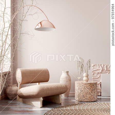 Interior of modern living room with copper floor lamp, granite coffee table and armchair, empty wall. Home design. 3d rendering 97854964