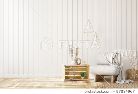 Interior design of living room with pendant lights, white armchair over the white planks paneling wall. Farmhouse style. Home design. 3d rendering 97854967