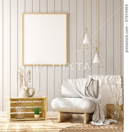 Interior design of living room with white armchair over the gray planks paneling wall. Farmhouse style. Home design. 3d rendering 97854969