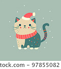 Christmas cat in Santa hat and scarf walks in snowfall vector illustration 97855082