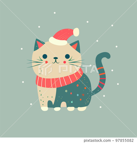 Christmas cat in Santa hat and scarf walks in snowfall vector illustration Christmas cat in Santa hat and scarf walks in snowfall vector illustration 97855082