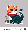 Christmas cat in red scarf sits with snowflakes and bauble on Christmas tree branch vector illustration 97855083