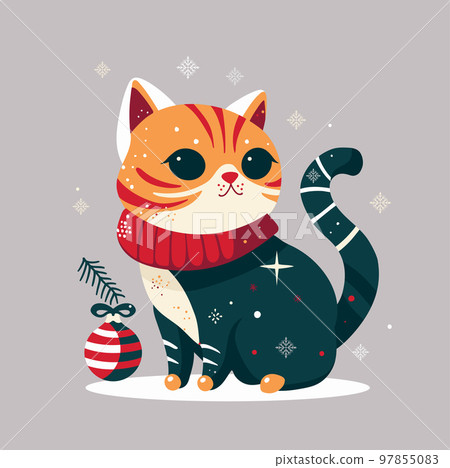 Christmas cat in red scarf sits with snowflakes and bauble on Christmas tree branch vector illustration 97855083