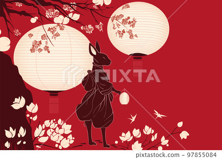 Vector illustration of rabbit samurai with paper lanterns and magnolia tree on red background 97855084