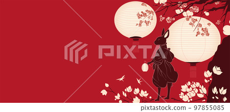 Vector illustration copy space banner of rabbit samurai with paper lanterns and magnolia tree on red background 97855085