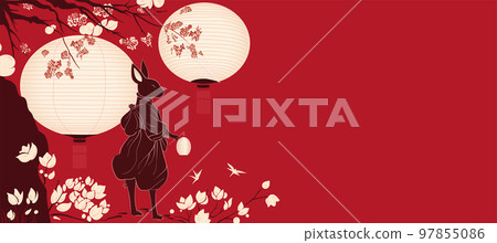 Vector illustration copy space banner of rabbit samurai with paper lanterns and magnolia tree on red background Vector illustration copy space banner of rabbit samurai with paper lanterns and magnolia tree on red background 97855086