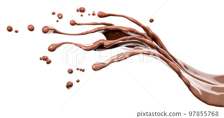 Chocolate wave or flow splash, pouring hot melted milk chocolate sauce or syrup, cocoa drink or cream, abstract dessert background, drink dessert, isolated, 3d rendering Chocolate wave or flow splash, pouring hot melted milk chocolate sauce or syrup, cocoa drink or cream, abstract dessert background, drink dessert, isolated, 3d rendering 97855768