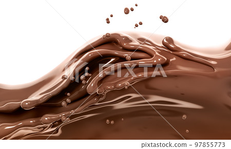 Hot melted milk chocolate sauce or syrup, pouring chocolate wave or flow splash, cocoa drink or cream, abstract dessert background, choco splash, drink dessert, isolated, 3d rendering 97855773