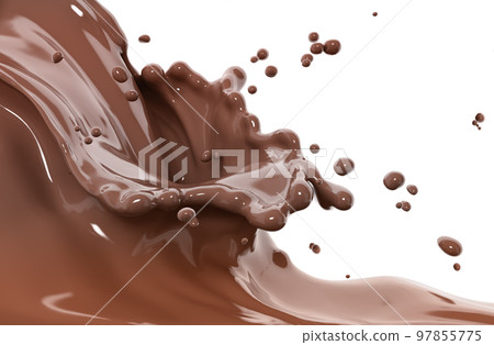 Splash of hot chocolate with drops, sauce or syrup, cocoa drink or choco cream, melted chocolate wave, abstract background dessert, illustration food, isolated 3d rendering 97855775