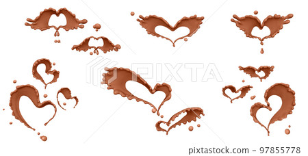 Set of twisted heart shaped chocolate or coffee waves or flow splashes, pouring twisted hot melted milk chocolate sauce or syrup, cocoa drink or cream, abstract dessert swirl circle background, choco 97855778