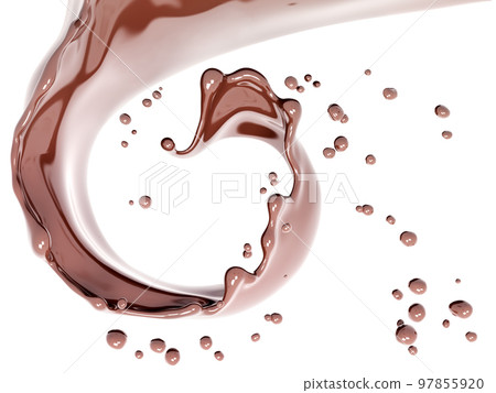 Spiral twisted chocolate wave or flow splash, pouring hot melted milk chocolate sauce or syrup, cocoa drink or cream, dessert background, choco splash, drink dessert, isolated, 3d rendering 97855920