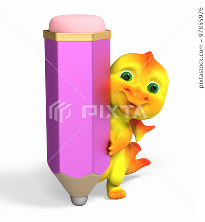 Funny small dragon character with big pencil 3d rendering Funny small dragon character with big pencil 3d rendering 97855976