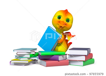 Funny little dragon character with books isolated 3d rendering Funny little dragon character with books isolated 3d rendering 97855979