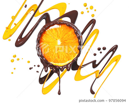 Orange in chocolate. Dark chocolate splash with orange and droplets isolated on white background, 3d rendering 97856094