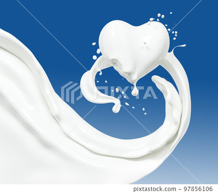 Pouring milk or yogurt in form of heart, splashing or wave, abstract flowing liquid background, 3d rendering Pouring milk or yogurt in form of heart, splashing or wave, abstract flowing liquid background, 3d rendering 97856106
