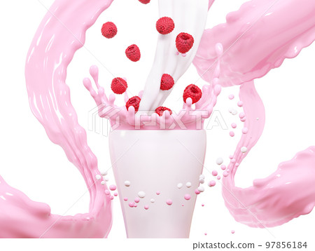Fresh fruit yogurt splash with ripe raspberries. Healthy breakfast meal label design or advertising element with yogurt, cream, milk and raspberries. 3d rendering illustration Fresh fruit yogurt splash with ripe raspberries. Healthy breakfast meal label design or advertising element with yogurt, cream, milk and raspberries. 3d rendering illustration 97856184