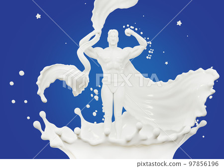 Milk splash in the form of a superhero, consisting of white protein, sports nutrition or yogurt splash on a blue background, 3d rendering 97856196