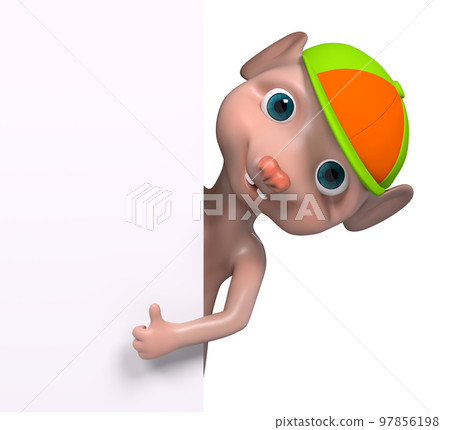 Cartoon character mouse with poster, showing cool sign 3d rendering 97856198