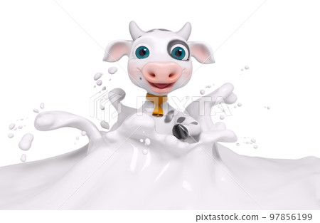 Funny character cow in milk splash 3d rendering Funny character cow in milk splash 3d rendering 97856199