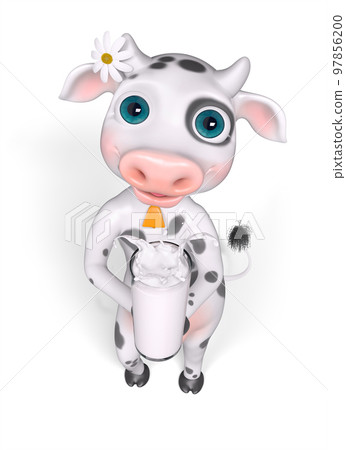 Cartoon character cow holds glass of milk 3d rendering 97856200