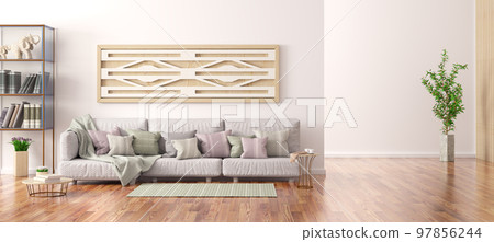 Interior design of modern living room with gray sofa, bookshelf with books, 3d renderin Interior design of modern living room with gray sofa, bookshelf with books, 3d renderin 97856244