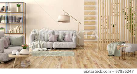 Interior design of modern living room with gray sofa, bookshelf with books and flower, 3d rendering Interior design of modern living room with gray sofa, bookshelf with books and flower, 3d rendering 97856247