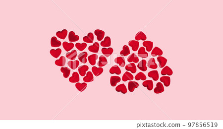St Valentines day or thank you concept. Many magenta red hearts form two bigger heart shapes flat lay border on pink. Love or wedding concept edgeless 97856519
