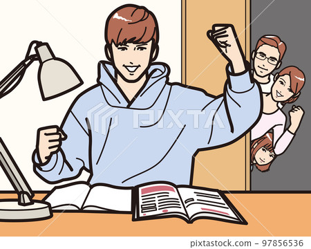 A family watching over a boy studying, a mother with a firm fist pose 97856536