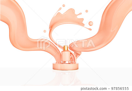 Pink make up liquid foundation cream cosmetics bottle on splashing cosmetic liquid, advertising. 3d rendering; 97856555