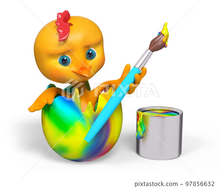 Cartoon chicken in egg with brush isolated, 3d rendering Cartoon chicken in egg with brush isolated, 3d rendering 97856632