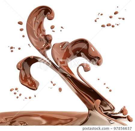 Splash of hot chocolate, sauce or syrup, cocoa drink or choco cream, melted chocolate wave, abstract background dessert, isolated 3d rendering Splash of hot chocolate, sauce or syrup, cocoa drink or choco cream, melted chocolate wave, abstract background dessert, isolated 3d rendering 97856637