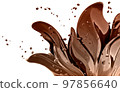 Splash of hot chocolate in form of flower, sauce or syrup, cocoa drink or choco cream, melted chocolate wave, abstract background dessert, isolated 3d rendering 97856640