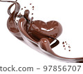 Splash of hot chocolate, sauce or syrup, cocoa drink or choco cream, melted chocolate wave, abstract background, chocolate heart isolated 3d rendering 97856707