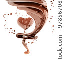 Splash or wave of pouring hot chocolate, sauce or syrup, cocoa drink or choco cream, melted chocolate, abstract background, chocolate heart isolated 3d rendering 97856708