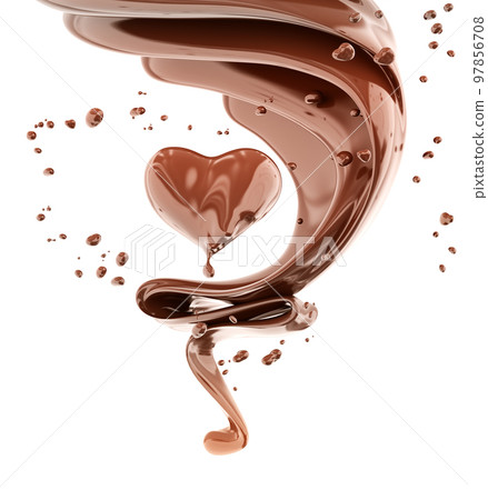 Splash or wave of pouring hot chocolate, sauce or syrup, cocoa drink or choco cream, melted chocolate, abstract background, chocolate heart isolated 3d rendering Splash or wave of pouring hot chocolate, sauce or syrup, cocoa drink or choco cream, melted chocolate, abstract background, chocolate heart isolated 3d rendering 97856708