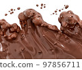 Chocolate splash, wave or flow, hot melted milk chocolate sauce or syrup, cocoa drink or cream, abstract dessert background, choco splash, drink dessert, isolated, 3d rendering 97856711