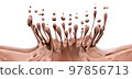 Splash  crown of hot chocolate, sauce or syrup, cocoa drink or choco cream, melted chocolate wave, abstract background dessert, illustration food, isolated 3d rendering 97856713