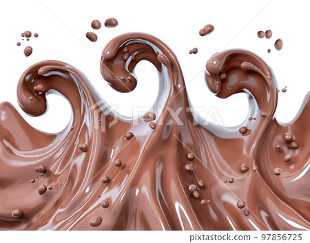 Chocolate wave or flow splash, hot melted milk chocolate sauce or syrup, cocoa drink or cream, abstract dessert background, choco splash, drink dessert, isolated, 3d rendering 97856725