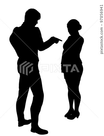Silhouette of a female office worker who is scolded by her boss and reflects on her actions and a male boss who is angry and pointing at her. Full body illustration from the front and back. Silhouette of a female office worker who is scolded by her boss and reflects on her actions and a male boss who is angry and pointing at her. Full body illustration from the front and back. 97856941