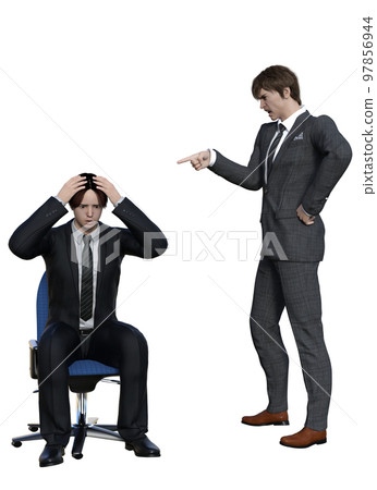 A businessman holding his head after being scolded by his boss and his boss pointing an angry finger. Full-body front and side view illustration of a 3D model A businessman holding his head after being scolded by his boss and his boss pointing an angry finger. Full-body front and side view illustration of a 3D model 97856944