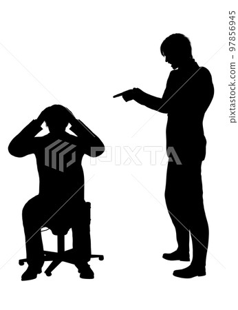 一名男性下屬在被老闆責罵後抱頭的剪影,以及一名憤怒的老闆指著他的全身正面和側面插圖。 一名男性下屬在被老闆責罵後抱頭的剪影,以及一名憤怒的老闆指著他的全身正面和側面插圖。 97856945