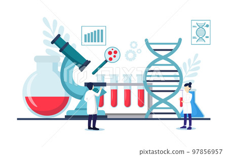 Genomics scene . Scientists are doing research in laboratory room . Genome therapy concept . Flat design . Vector . Genomics scene . Scientists are doing research in laboratory room . Genome therapy concept . Flat design . Vector . 97856957